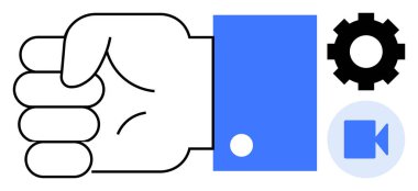 Fist in a blue sleeve near a gear and video camera icon. Ideal for teamwork, project management, media control, creativity, workflow, design thinking, productivity. A simple flat metaphor