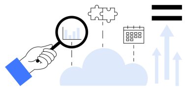 Hand holding magnifying glass over cloud highlights data analysis, puzzle refers to collaboration, calendar implies scheduling. Ideal for teamwork, problem-solving, project management, organization