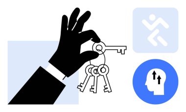 Access concept. Hand holding keys, unlocking opportunities. Access is by decision-making and movement icons. Perfect for security, business, leadership, innovation, solutions