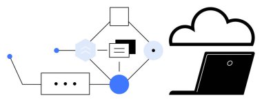 Laptop connected to abstract cloud and digital nodes, symbolizing data sharing, cloud infrastructure, and networking. Ideal for technology, cloud storage, connectivity, online collaboration