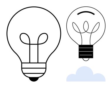 Two light bulb illustrations one outlined in black, the other with solid black accents positioned above a minimalist blue cloud. Ideal for creativity, innovation, ideas, efficiency, inspiration