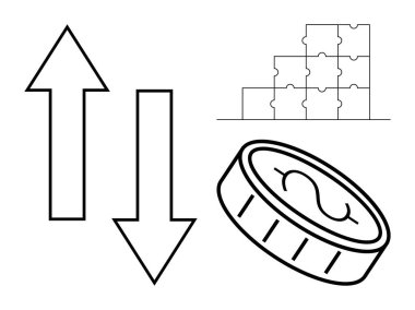 Financial growth concept. economic trends with upward and downward arrows, interconnected puzzle pieces, and a coin currency. Ideal for finance, business, investments, analysis, planning