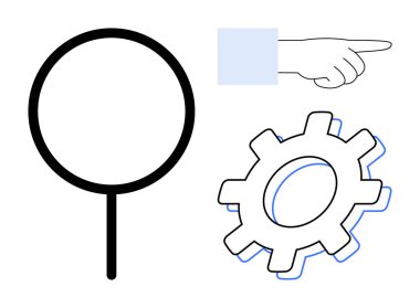 Magnifying glass, extended hand pointing, and gear symbolize discovery, guidance, and innovation. Ideal for research, direction, teamwork progress design education strategy themes. Simple flat