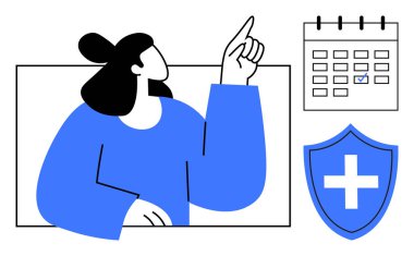Woman pointing at a marked calendar alongside a shield with a medical cross. Ideal for healthcare planning, scheduling, organization, medical care, protection, wellness, reliability. A simple flat