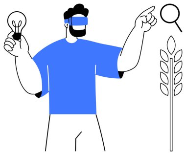 Man wearing virtual reality headset holding light bulb, pointing to wheat stalk and magnifying glass. Ideal for innovation, technology, agriculture, sustainability, creativity, research, future