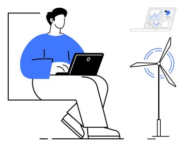 Person seated with laptop, adjacent wind turbine, and data charts. Ideal for energy efficiency, sustainability, data analysis, renewable resources, clean power, eco-technology simple flat metaphor