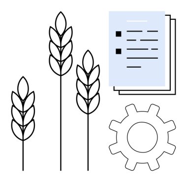 Wheat stalks, report pages, and gear illustrating agriculture, farming, sustainability, eco-management, data analysis, process strategy and production efficiency. A simple flat metaphor