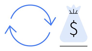 Circular arrows next to a money bag with a dollar sign, representing financial transactions, cash flow, and economic exchange. Ideal for concepts thumbs up savings, business, investment, finance