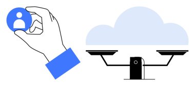 Hand placing a user profile icon beside a balanced scale and a cloud, symbolizing fairness, equality, digital identity, and cloud technology. Ideal for justice, resources, diversity, and data themes