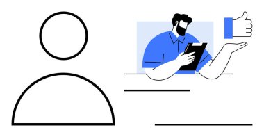 Outline of a user profile beside a professional holding a clipboard, displaying a thumbs-up approval. Ideal for user feedback, profile review, evaluations, hiring, satisfaction, trust, simple flat