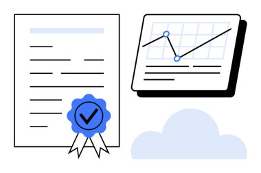 Certified document with ribbon, upward-trending data graph, and light blue cloud symbol. Ideal for certifications, analysis, progress tracking, cloud storage, technology, success simple flat