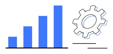 Blue ascending bar graph paired with a gear symbolizes growth, efficiency, business strategy, data analysis, development, performance optimization, and innovation. Ideal for simple flat metaphor
