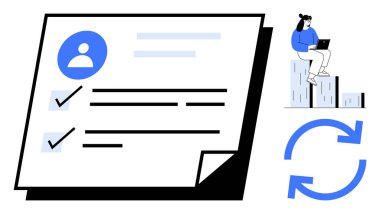 Task list with checkmarks, user profile, progress arrows, and woman on bars using laptop. Ideal for productivity, workflow, organization, task management, goal setting progress tracking teamwork