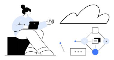 Woman using a laptop, gesturing toward connected cloud and data elements. Ideal for technology, innovation, cloud computing, data flow, remote work, collaboration education. Simple flat metaphor