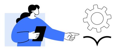 Woman holding a tablet and pointing at a gear over a curved shape, representing teamwork, automation, innovation, decision-making, leadership, process improvement, and development in a simple flat