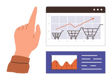 Human hand pointing toward upward-trending graphs with shopping carts, bar charts, and data visuals. Ideal for business growth, online shopping, statistics, analysis, marketing, retail strategy