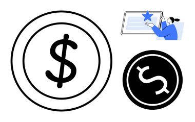 Dollar signs in circles with a person pointing at a review star rating. Ideal for finance, money, savings, branding, evaluation, business representation, recognition. Simple flat metaphor