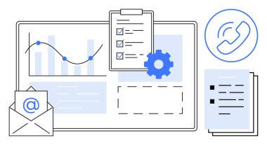 Clipboard with checklist, envelope, analytics chart, gears, pages, and call icon. Ideal for productivity, workflow, communication teamwork data analysis project planning simple flat metaphor