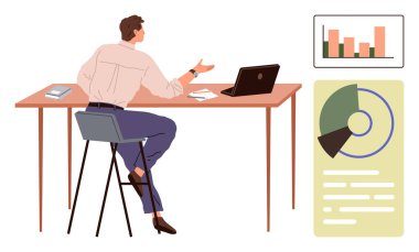 Man sitting at desk with laptop, books, and papers, analyzing bar and pie charts. Ideal for business, analytics, strategy, growth productivity education collaboration. Simple flat metaphor