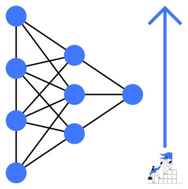 Neural network with interconnected nodes, upward arrow, and team building blocks. Ideal for AI, teamwork, progress, innovation, growth problem-solving and abstract concepts. Simple flat metaphor