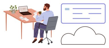 Professional seated at desk with laptop, coffee, and papers, analyzing cloud-based data. Ideal for remote work, cloud computing, productivity, technology data management business minimalism. A