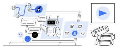 Yapay zeka sohbet robotlu dizüstü bilgisayar ekranı, mesaj baloncukları, kullanıcı duyguları, iş akışı simgeleri, madeni paralar ve çalma tuşu. Otomasyon için ideal, yapay zeka, müşteri hizmetleri finans verimliliği