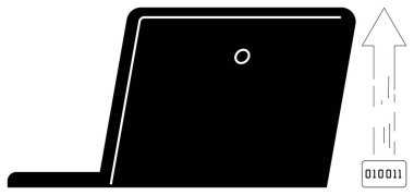 Laptop with upward arrow and binary code representing data upload, cloud storage, or digital sharing. Ideal for technology, networking, cloud computing, innovation, security, IT solutions