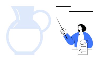 Professional explaining concept using a pointer and notes beside a partially filled water jug. Ideal for education, learning, presentation, clarity, teamwork, planning, teaching. Simple flat metaphor
