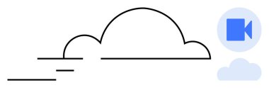 Stylized cloud icon with video camera graphic. Ideal for remote work, cloud technology, team communication, video conferencing, data sharing, online collaboration, simple flat metaphor