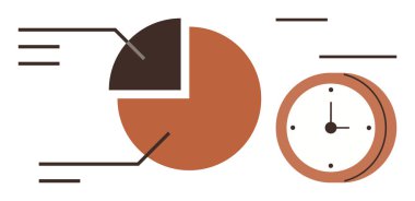 Pie chart with labeled segments and an analog clock representing statistical analysis and time optimization. Ideal for productivity, business planning, time tracking, efficiency, strategy, analytics