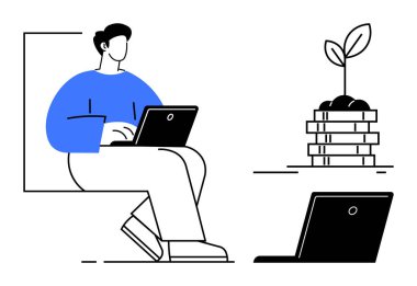 Person seated with a laptop, small plant growing from layers of soil. Ideal for work-life balance, remote work, environmental care, business growth, productivity, sustainability, simple flat metaphor
