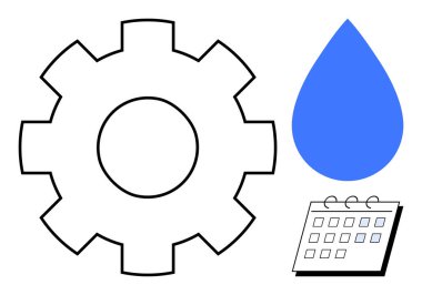 Gear for process and teamwork, water drop for sustainability, and calendar for planning. Ideal for business, environment, scheduling, teamwork, eco-friendly, management simple flat metaphor