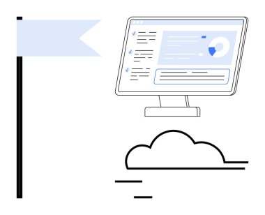 Computer monitor showing data analytics dashboard beside a flag and simple cloud. Ideal for teamwork, project management, analytics, progress tracking, communication, cloud computing, success