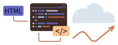 Code editor with programming lines, HTML tag, cloud, and an upward trending arrow. Ideal for software coding, programming, cloud computing, growth data analysis web development innovation. Simple