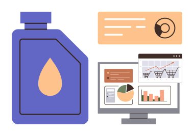Desktop screen displaying charts, graphs, and e-commerce carts alongside a container with a drop icon. Ideal for data analysis, sales tracking, marketing, business growth, e-commerce, product