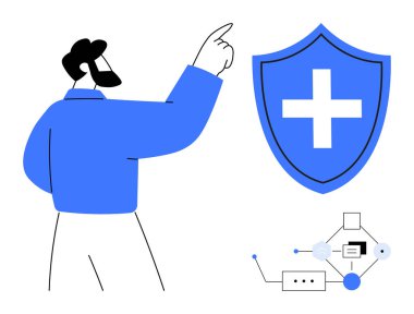 Person pointing at shield with cross symbol, representing security. Connected diagram highlighting data flow and systematic approach. Ideal for healthcare, technology, safety, cybersecurity