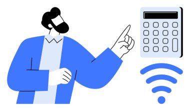 Person pointing at a digital calculator with a wireless signal, emphasizing technology and connectivity. Ideal for finance, wireless innovation, business, remote work, smart devices, learning, simple