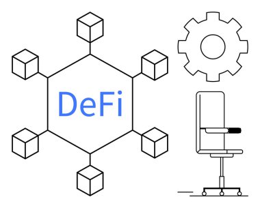 Blockchain network hexagonal structure with DeFi, gear symbol, and office chair illustration. Ideal for finance, technology, innovation, decentralization, workplace, blockchain and digital