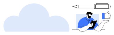 Cloud with a man using a tablet, pen, and thumbs-up gesture representing remote work, creativity, data storage. Ideal for teamwork, productivity, feedback, innovation communication networking