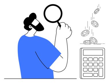 Bearded man holding a magnifying glass observes finances near a calculator and falling coins. Ideal for analysis, budgeting, finance management, auditing, savings, earning, success. Simple flat