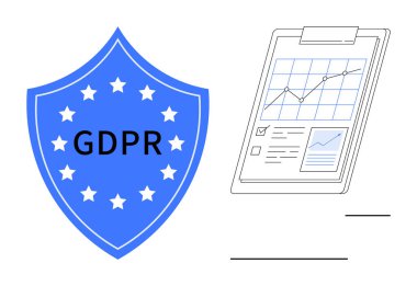 Blue shield with GDPR label and stars beside clipboard featuring charts, graphs, and business metrics. Ideal for data security, compliance, regulations, analytics, governance, privacy simple flat
