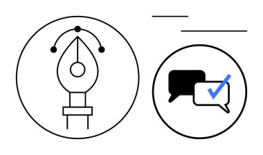 Pen tool with vector nodes and chat bubbles with a blue check. Ideal for design, graphic tools, feedback, communication, approval, collaboration, and creativity. Simple flat metaphor