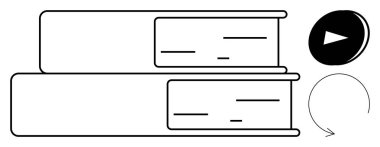 Stack of books, play button, and circular arrow indicating traditional reading and modern audio learning. Ideal for education, knowledge sharing, e-learning, skill development, audiobook concepts