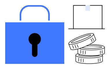 Blue padlock, stack of coins, and safe icon represent financial safety, secure transactions, and personal savings. Ideal for security, finance, investment, protection saving banking fintech