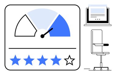 Speedometer gauge with pointer, a 4-star rating scale, laptop, and office chair. Ideal for evaluation, productivity, customer feedback, performance tracking, workplace efficiency service quality