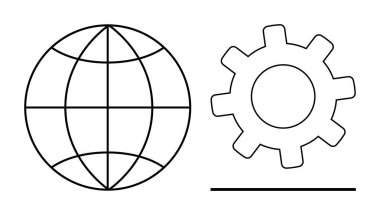Globe and gear outline representing global connectivity and technology integration. Ideal for innovation, systems, collaboration, networking, teamwork, progress, simplicity. Flat simple metaphor