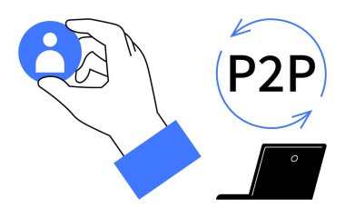 Hand gripping user circle icon, P2P arrows suggesting transfer, laptop connection. Ideal for technology, communication, user management, networking, sharing, collaboration minimal flat metaphor