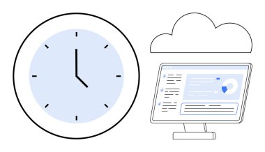 Clock, data monitor with analytics and file sharing, cloud graphic. Ideal for time management, scheduling, cloud computing, productivity, remote work, data analysis simple flat metaphor