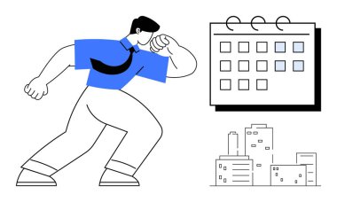 Professional confidently striking a pose beside a calendar and cityscape. Ideal for productivity, time management, business planning, professional growth, urban development, corporate strategy