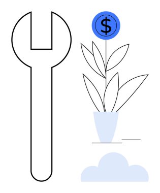Money plant with dollar sign sprouting in a pot next to a large wrench. Ideal for finance, growth, investment, maintenance, strategy, sustainability, innovation. Simple flat metaphor